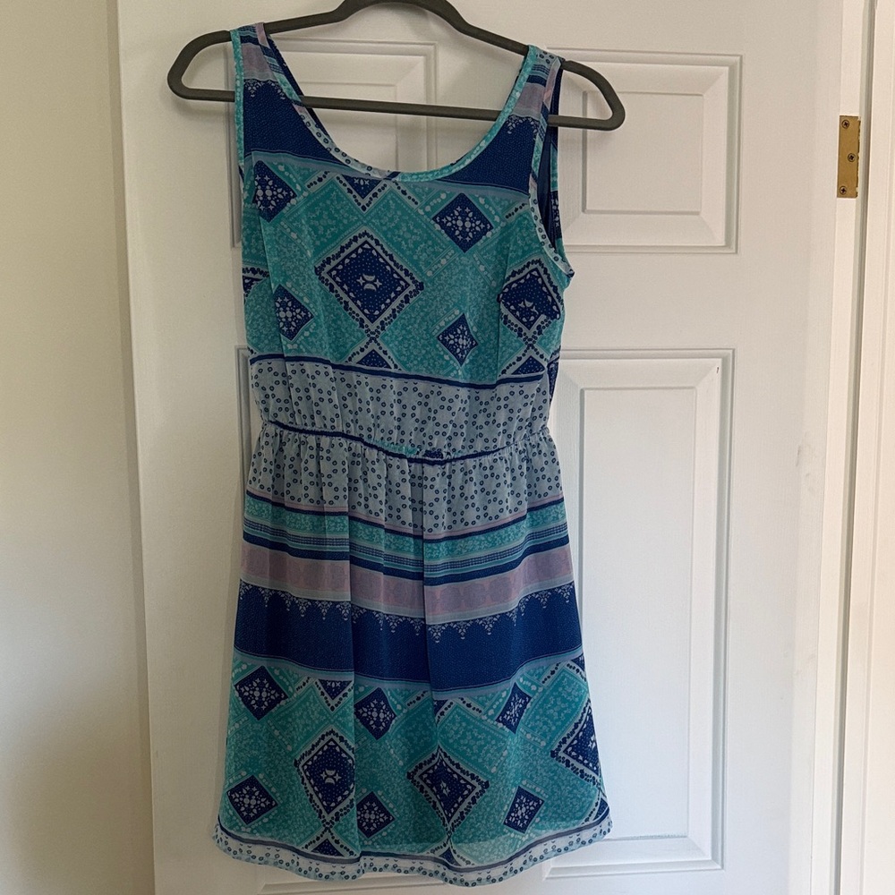 H&M Blue and Green Open Back Geometric Mini Dress